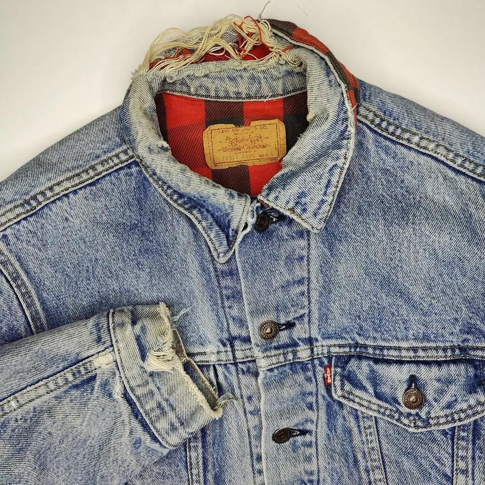 Vintage Levis Jacket Mens 44L Thrashed Blanket Lined Type 3 Denim USA Made 80s